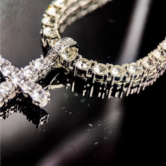 White Gold Plated CZ Cross Pendant + Tennis Chain Necklace 20” - Picture 2 of 4